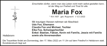 Traueranzeige von Maria Fox von GE