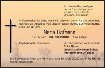 Traueranzeige von Maria Hofmann von Neustadt/ Scheinfeld/ Uffenheim