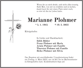 Traueranzeige von Marianne Plohmer von Dinkelsbühl/ Feuchtwangen