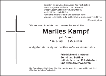 Traueranzeige von Marlies Kampf von Dinkelsbühl/ Feuchtwangen