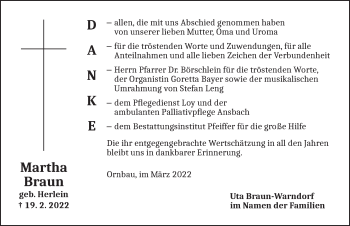 Traueranzeige von Martha Braun von Ansbach