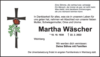 Traueranzeige von Martha Wäscher von Dinkelsbühl/ Feuchtwangen