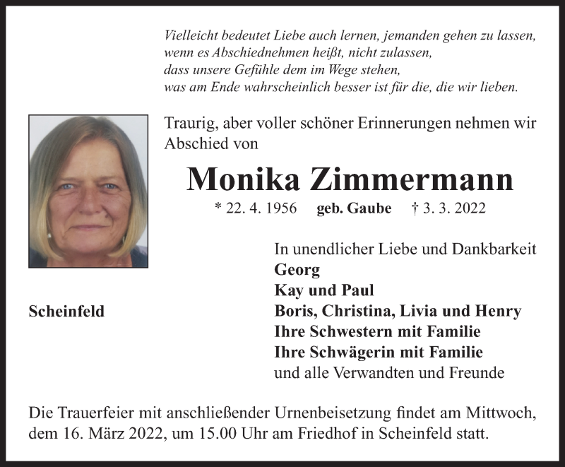  Traueranzeige für Monika Zimmermann vom 12.03.2022 aus Neustadt/ Scheinfeld/ Uffenheim