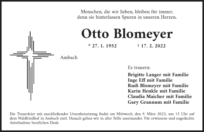  Traueranzeige für Otto Blomeyer vom 05.03.2022 aus Ansbach