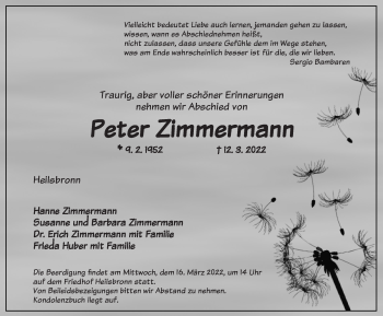 Traueranzeige von Peter Zimmermann von Ansbach