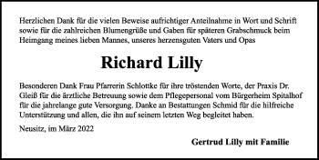 Traueranzeige von Richard Lilly von Rothenburg