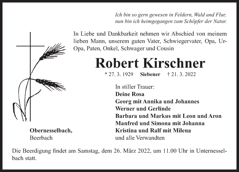  Traueranzeige für Robert Kirschner vom 24.03.2022 aus Neustadt/ Scheinfeld/ Uffenheim