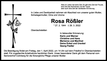 Traueranzeige von Rosa Rößler von Ansbach