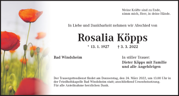 Traueranzeige von Rosalia Köpps von Neustadt/ Scheinfeld/ Uffenheim