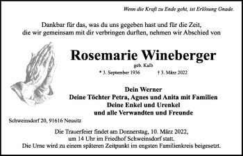 Traueranzeige von Rosemarie Wineberger von Rothenburg