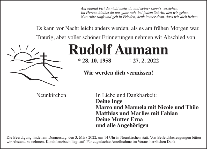  Traueranzeige für Rudolf Aumann vom 01.03.2022 aus Ansbach