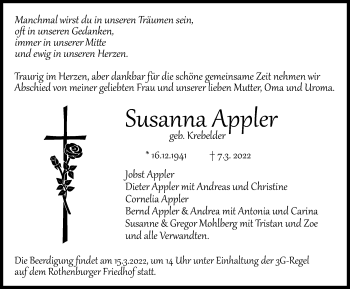 Traueranzeige von Susanna Apper von Rothenburg