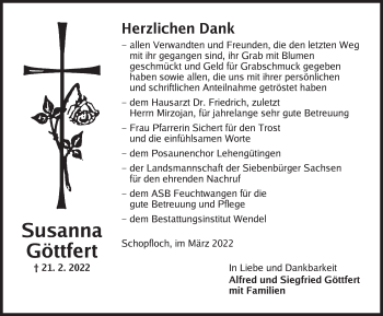 Traueranzeige von Susanna Göttfert von Dinkelsbühl/ Feuchtwangen