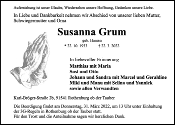 Traueranzeige von Susanna Grum von Rothenburg