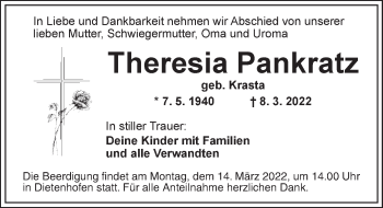 Traueranzeige von Theresia Pankratz von Ansbach