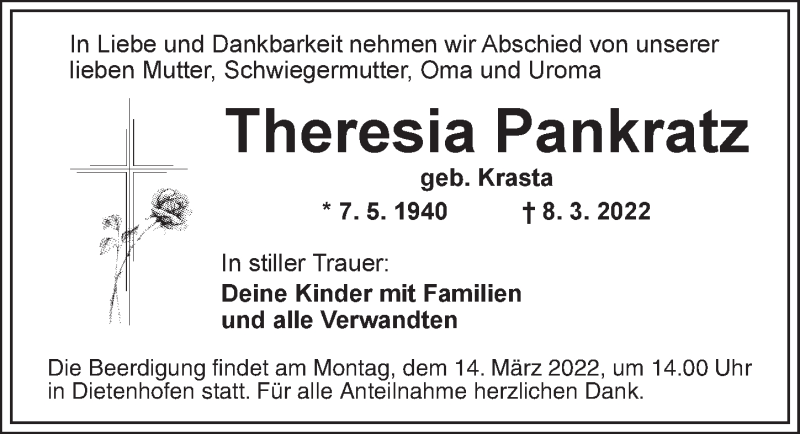  Traueranzeige für Theresia Pankratz vom 11.03.2022 aus Ansbach
