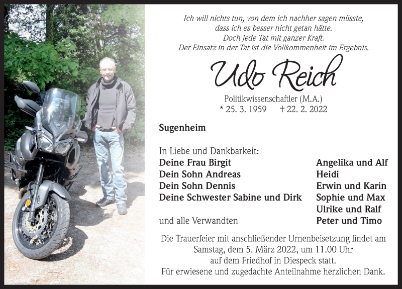  Traueranzeige für Udo Reich vom 02.03.2022 aus Neustadt/ Scheinfeld/ Uffenheim