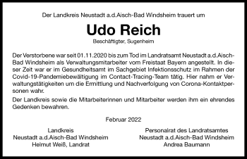 Traueranzeige von Udo Reich von Neustadt/ Scheinfeld/ Uffenheim