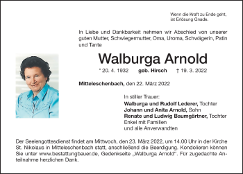 Traueranzeige von Walburga Arnold von Ansbach