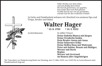 Traueranzeige von Walter Hager von Ansbach