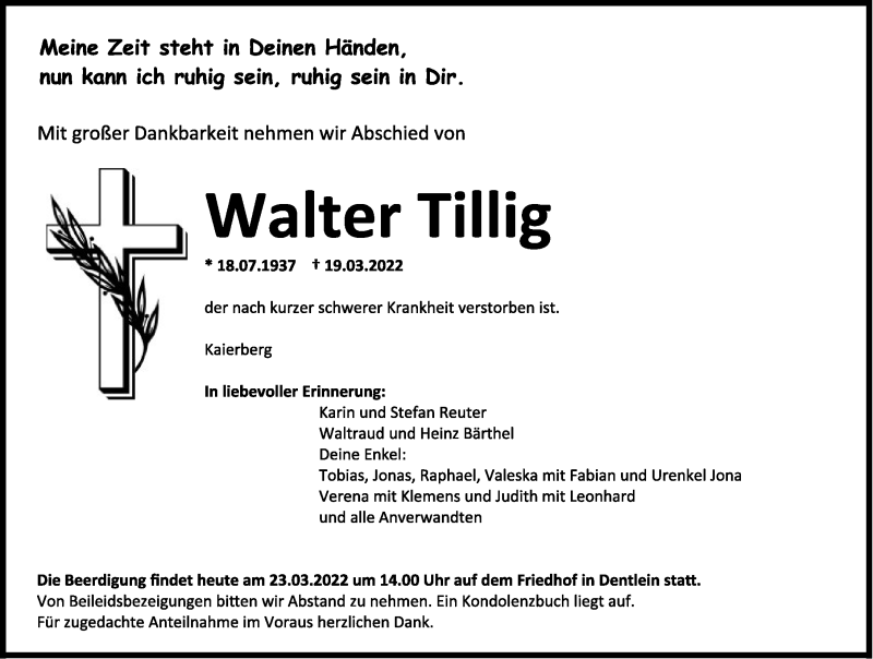  Traueranzeige für Walter Tillig vom 23.03.2022 aus Dinkelsbühl/ Feuchtwangen