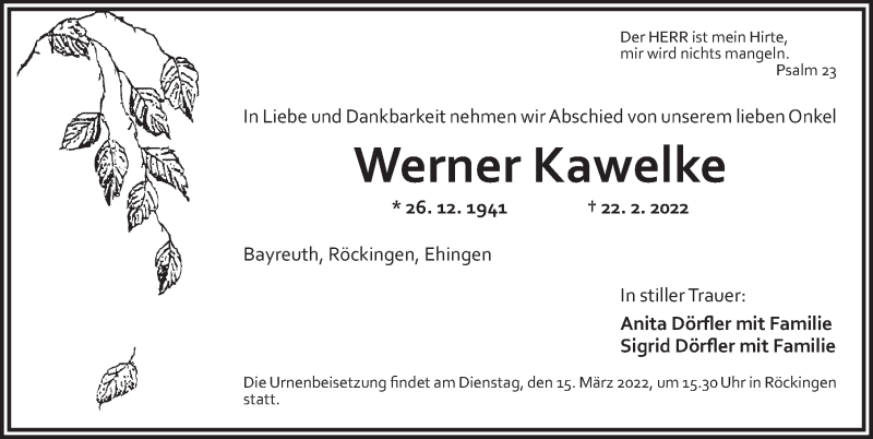  Traueranzeige für Werner Kawelke vom 12.03.2022 aus Dinkelsbühl/ Feuchtwangen