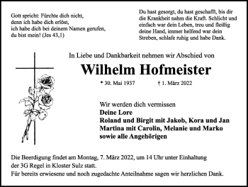Traueranzeige von Wilhelm Hofmeister von Dinkelsbühl/ Feuchtwangen