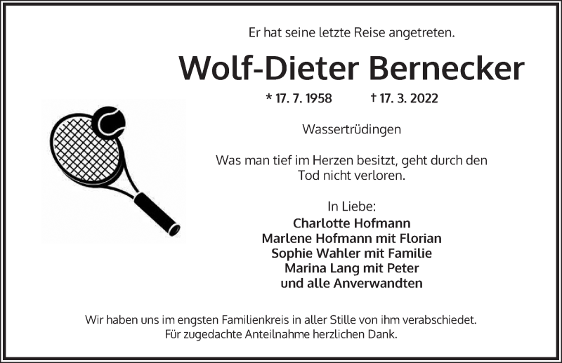  Traueranzeige für Wolf-Dieter Bernecker vom 26.03.2022 aus Dinkelsbühl/ Feuchtwangen