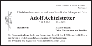 Traueranzeige von Adolf Achtelstetter von Neustadt/ Scheinfeld/ Uffenheim