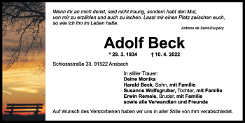 Traueranzeige von Adolf Beck von Ansbach