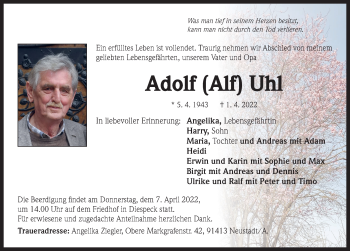 Traueranzeige von Adolf Uhl von Neustadt/ Scheinfeld/ Uffenheim