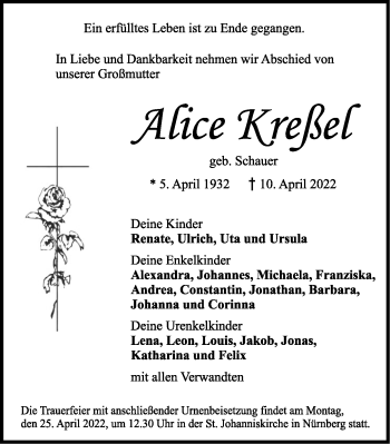 Traueranzeige von Alice Kreßel von Ansbach