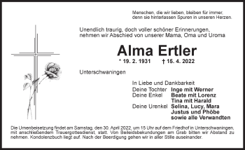 Traueranzeige von Alma Ertler von Dinkelsbühl/ Feuchtwangen