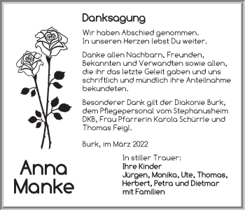 Traueranzeige von Anna Manke von Dinkelsbühl/ Feuchtwangen