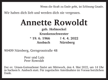 Traueranzeige von Annette Rowoldt von Ansbach