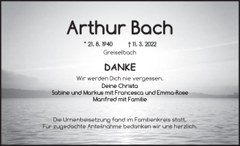 Traueranzeige von Arthur Bach von Dinkelsbühl/ Feuchtwangen