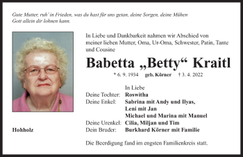 Traueranzeige von Babetta Kraitl von Neustadt/ Scheinfeld/ Uffenheim
