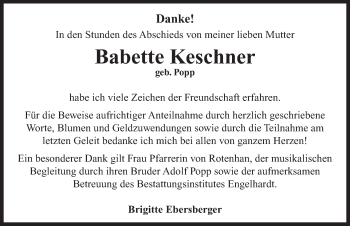Traueranzeige von Babette Keschner von Neustadt/ Scheinfeld/ Uffenheim
