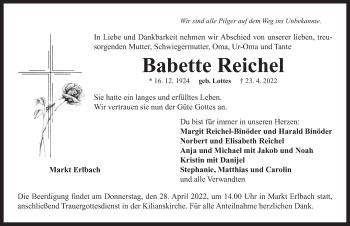 Traueranzeige von Babette Reichel von Neustadt/ Scheinfeld/ Uffenheim