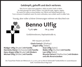 Traueranzeige von Benno Ulfig von Dinkelsbühl/ Feuchtwangen