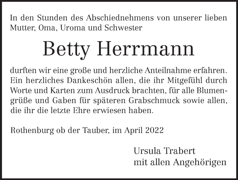  Traueranzeige für Betty Herrmann vom 23.04.2022 aus Rothenburg