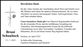 Traueranzeige von Bruni Schaubeck von Dinkelsbühl/ Feuchtwangen