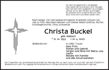 Traueranzeige von Christa Buckel von Ansbach