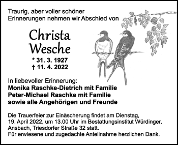Traueranzeige von Christa Wesche von Ansbach