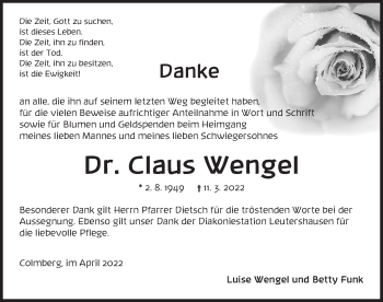 Traueranzeige von Claus Wengel von Ansbach