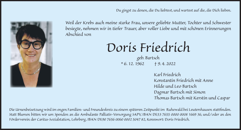  Traueranzeige für Doris Friedrich vom 14.04.2022 aus Ansbach