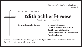 Traueranzeige von Edith Schlierf-Froese von Neustadt/ Scheinfeld/ Uffenheim