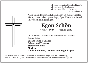 Traueranzeige von Egon Schön von Neustadt/ Scheinfeld/ Uffenheim