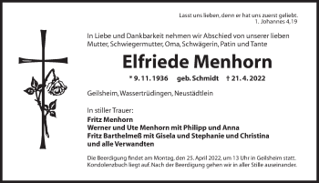 Traueranzeige von Elfriede Menhorn von Dinkelsbühl/ Feuchtwangen