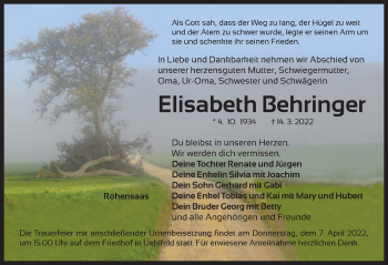 Traueranzeige von Elisabeth Behringer von Neustadt/ Scheinfeld/ Uffenheim